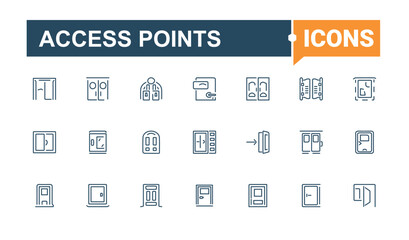 Access Points linear icon collection. Icons logout, building, isolated, arrow, door, office, frame and more. Outline icon. Vector icons editable stroke.