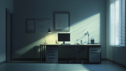 Evening Office Workspace With Computer And Desk Lamp