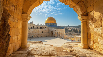 Al-Aqsa Mosque located in Jerusalem, a magnificent mosque building with a golden dome. AI generated images.	