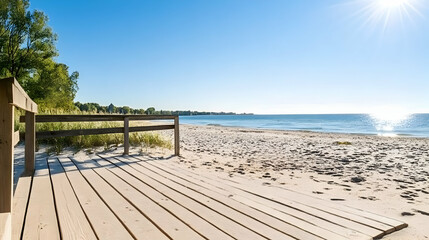 Sunny beach boardwalk leading to sandy shore, tranquil lake background; perfect for travel brochures