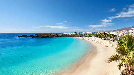 Sunny beach, turquoise water, volcanic landscape, people relaxing. Ideal for travel brochures