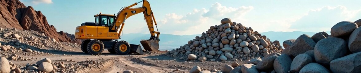 Obraz premium Excavator working on a construction site, moving gravel and rocks at sunset.