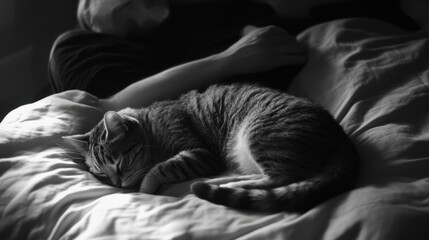 Peaceful gray tabby cat sleeping on soft bed beside a relaxed person resting peacefully in serene monochrome setting with gentle shadows and highlights