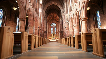 Fototapeta premium Tranquil church nave, sandstone architecture, stained glass, quiet worship space; religious, spiritual, architectural photography