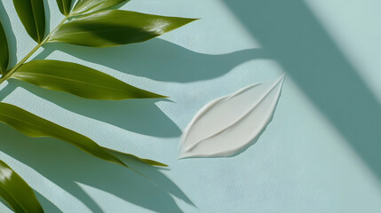 Obraz premium Tropical leaf and cream swatch on pastel blue background, sunlight shadows. Beauty product marketing image