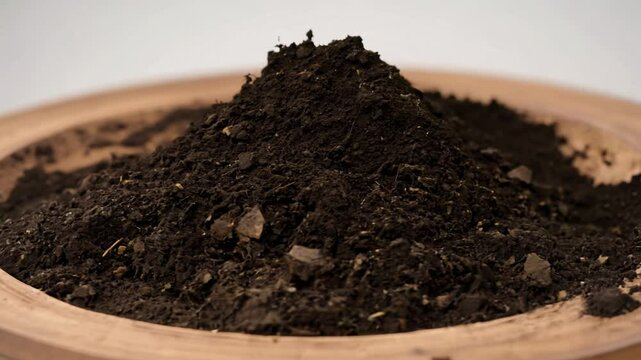360-degree video, soft light, the camera rotates around a sample of terra preta, showing its dark color and biochar content, soft light reveals the rich, anthropogenic soil