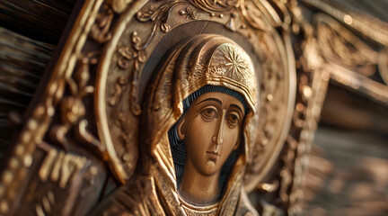 Obraz premium Intricate Wooden Slavic Icon with Detailed Religious Carving