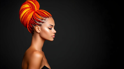 Woman with vibrant orange and yellow braids, profile view, dark background, beauty fashion shot