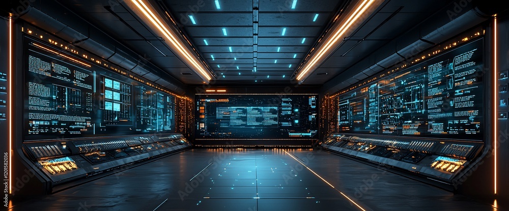 Aufkleber futuristic control room with glowing screens displaying data.