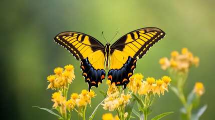 Yellow butterfly on yellow flowers in a garden, nature background. Ideal for nature, insect, or spring themes