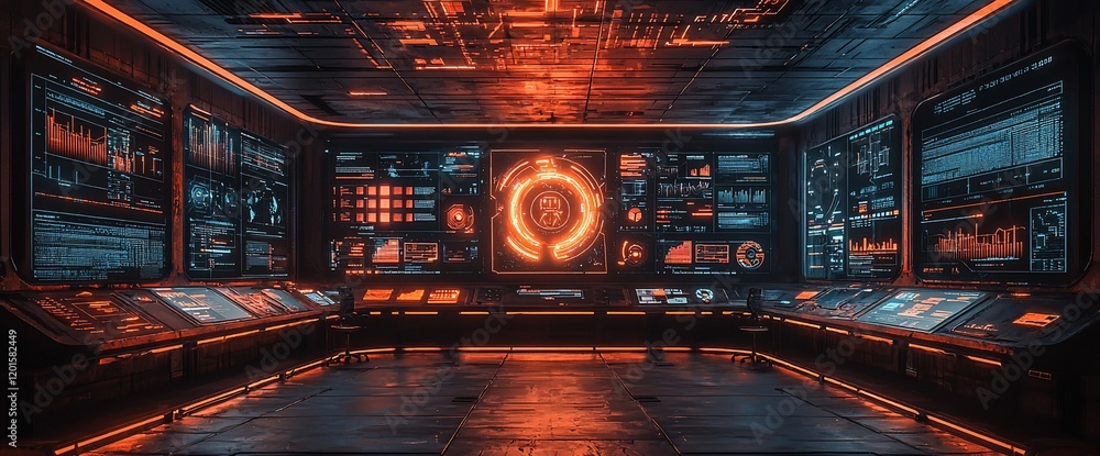 Poster Futuristic control room with glowing screens displaying data. (1)