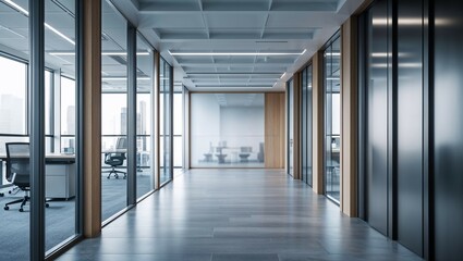 Empty office corridor with clean walls, doors, and light