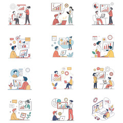 set business flat vector illustration design style concept. for graphic and web page banners. cartoon character design. team online video conference meeting. business planning. finance.  data analytic