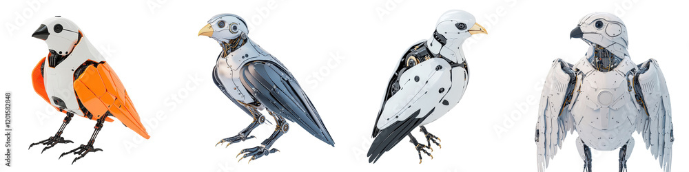 Poster a collection of futuristic robotic bird designs that showcase innovative mechanical and technologica