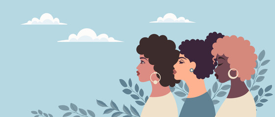 Banner with different portraits of women. Women's Day, Feminism Day, Equality Day. Postcard for Women's holidays.