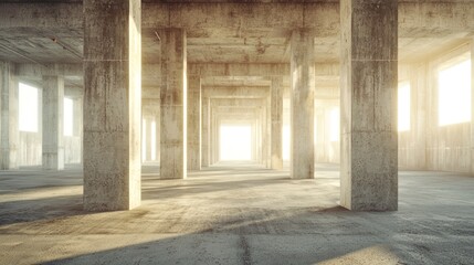 Sunlit Concrete Columns in an Empty Building