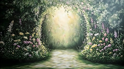 Fototapeta premium Tranquil nature pathway lush forest landscape art serene environment inviting viewpoint beauty of wilderness