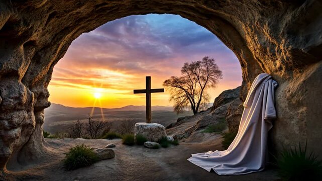 Opening view from cave on Serene wooden Cross on rock at sunset, concept of faith, hope, spirituality, Easter concept, the death and resurrection of Jesus Christ
