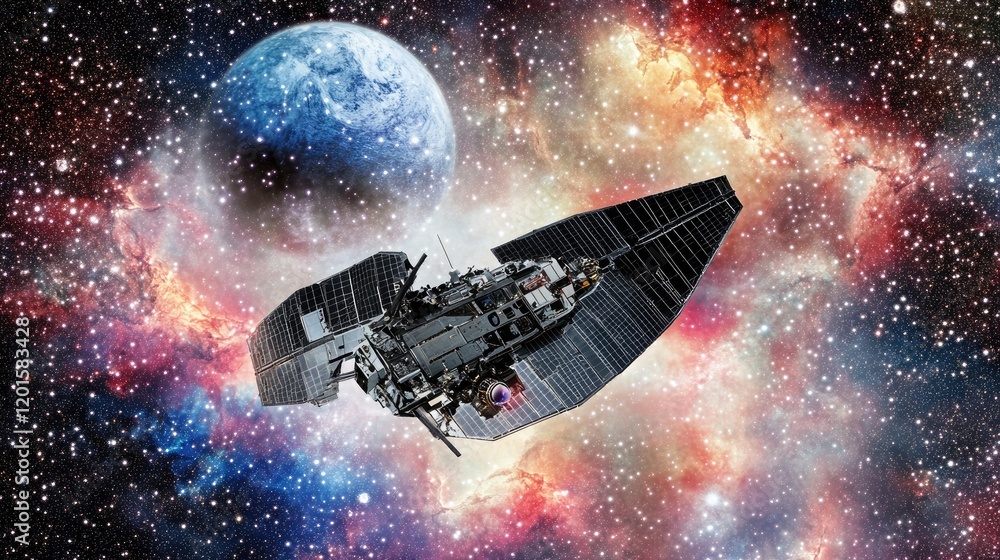 Aufkleber spacecraft navigating through a colorful nebula with earth in the background