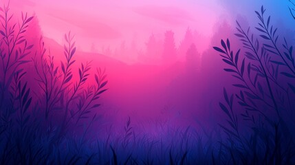 A serene landscape with soft gradients of pink and blue, featuring silhouettes of foliage, creating a dreamlike atmosphere.