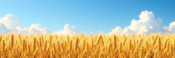 Fototapeta premium Golden wheat field under a bright blue sky with fluffy clouds in the distance.