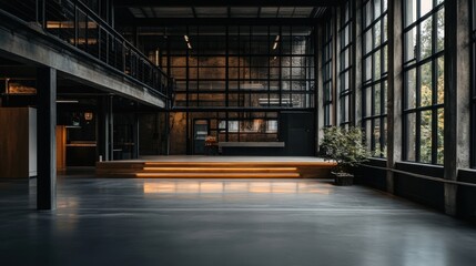 Fototapeta premium Modern Industrial Space with Large Windows and Minimalist Design, Featuring Warm Lighting, Concrete Floors, and Stylish Plant Decor, Perfect for Creative Collaboration