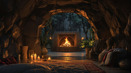 Cozy Indoor Fireplace Surrounded by Nature and Soft Textiles