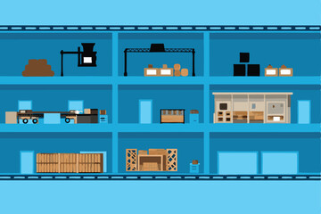 A detailed cross-section of a bustling factory interior showcasing various industrial processes, machinery, and workers.