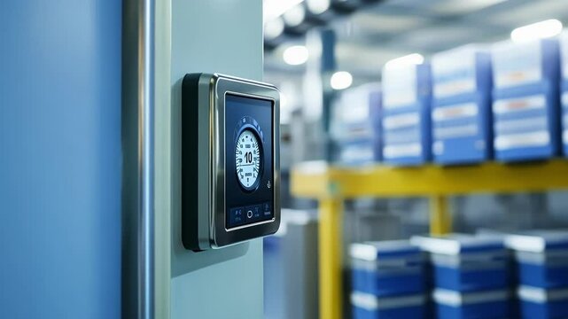 Digital thermostat showing temperature and humidity levels, mounted on a wall inside a modern factory or warehouse environment, ensuring optimal conditions for production and storage