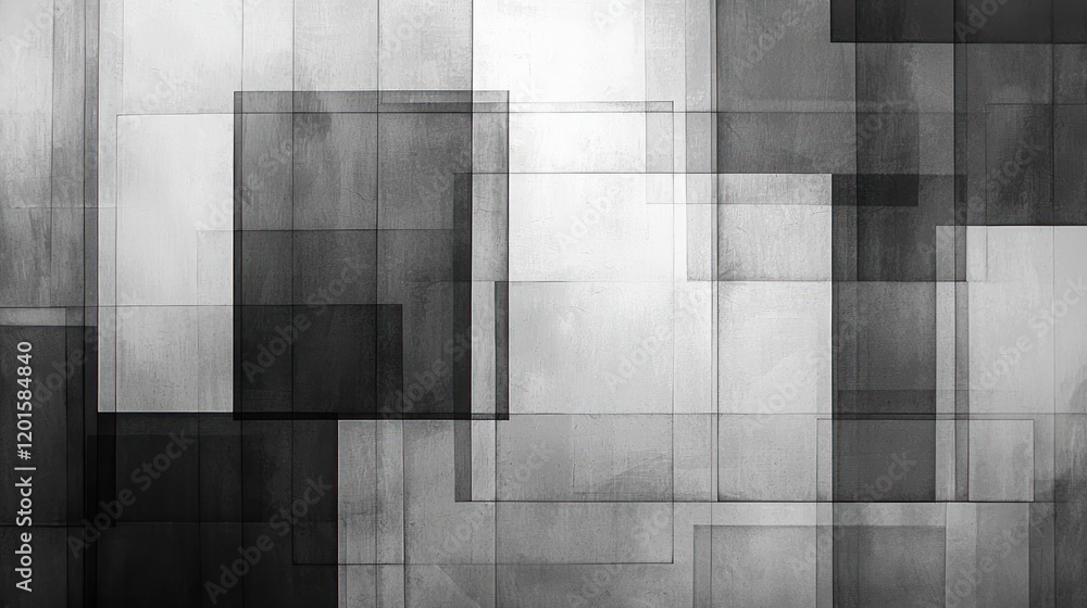 Poster abstract grey scale geometric composition: overlapping squares and rectangles