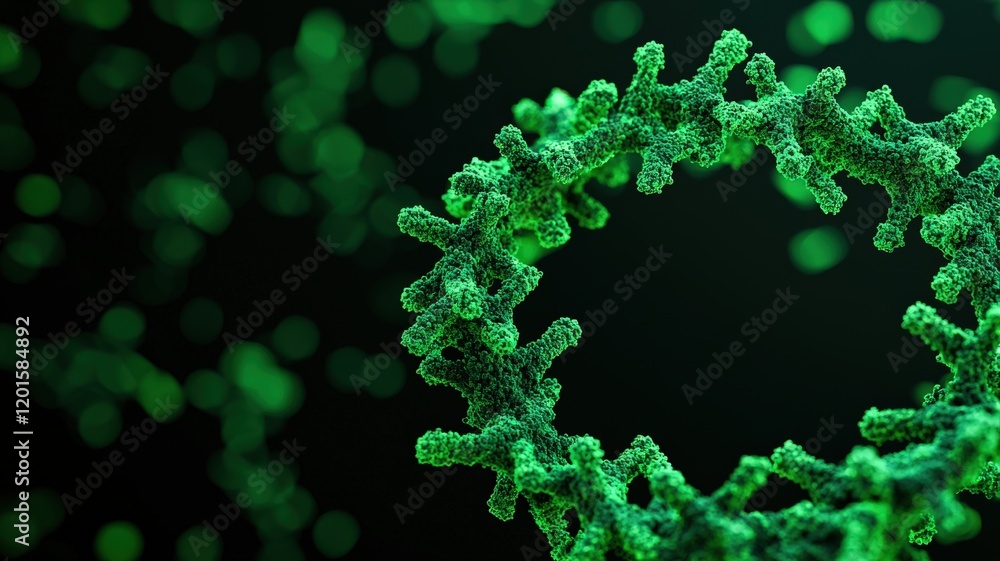 Poster recycling carbon process efficiency concept. microscopic view of green cellular structures on a dark