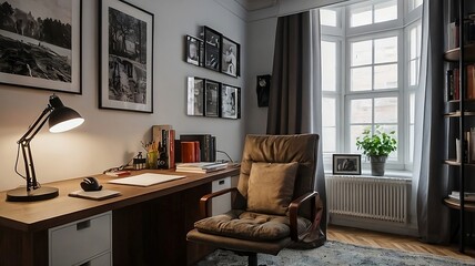 Home Office with Bay Window. Modern Home Office Design. Cozy Workspace Interior. Interior of a house. 