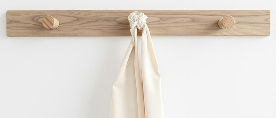 Beige cotton ribbon tied to a wooden coat rack, cotton, simple designs, natural fibers, country home, vintage textiles