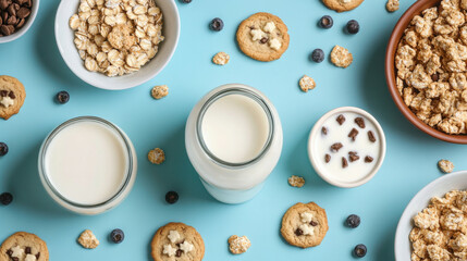A Bright and Colorful Arrangement of Milk, Cookies, and Snacks on a Blue Background Ideal for Food Photography and Healthy Lifestyle Concepts