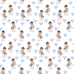 Childish cowboy patterns with cute horse and floral motifs for kids' design.