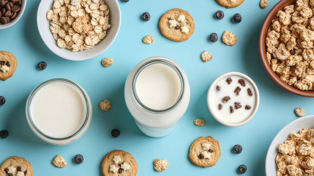 A Bright and Colorful Arrangement of Milk, Cookies, and Snacks on a Blue Background Ideal for Food Photography and Healthy Lifestyle Concepts