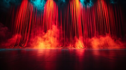 Red Stage Curtains Illuminated With Dramatic Lighting Effects