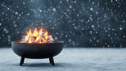 A cozy fire burns in a bowl, surrounded by falling snowflakes, creating a warm contrast against a chilly winter background.