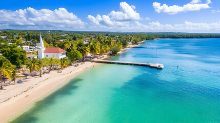 Fototapeta premium Caribbean beach town aerial view church, pier, turquoise water, sunny day, perfect for travel brochures