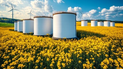 Aerial View of White Fuel Storage Tank Near Solar Farm and Wind Turbines, Renewable Energy, Sustainability, Green Future, Clean Technology