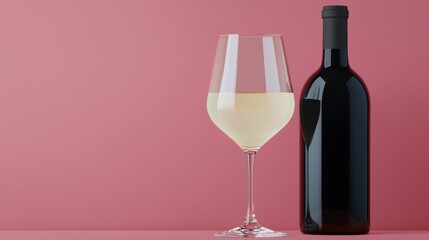 A wine bottle and glass filled with white wine against a pink background create a chic and modern aesthetic.