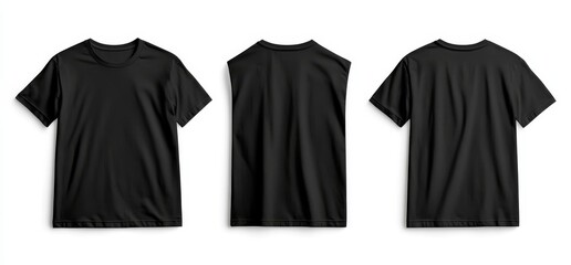 Three views of a black t-shirt, front, back, and side.
