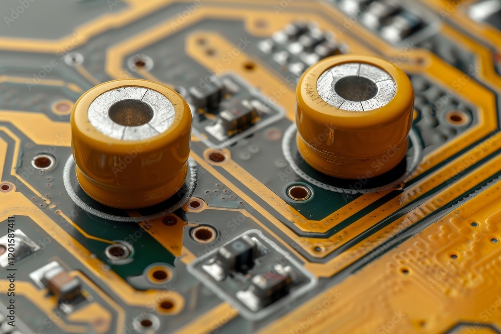Poster fragment of digital device featuring monochrome display, circuit board, wires, and control switches