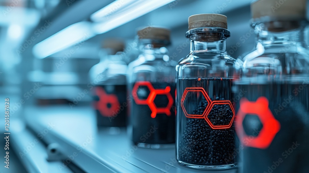 Poster recycling carbon process efficiency concept. bottles with hexagonal designs and dark liquids on a la