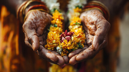 Elderly hands holding vibrant marigold flowers in traditional celebration, showcasing intricate henna patterns and cultural significance in a spiritual context of unity and joy