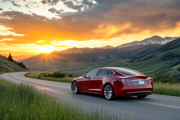 Fototapeta premium Modern electric vehicle driving along a winding mountain road during a vibrant sunset, showcasing sustainable transportation and scenic landscapes
