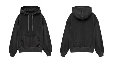 PNG Of Acid Washed Black Blank Hoodie Mockup Front And Back Isolated On Transparent Background	