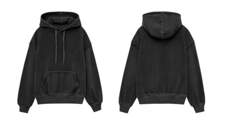PNG Of Acid Washed Black Blank Hoodie Mockup Front And Back Isolated On Transparent Background	