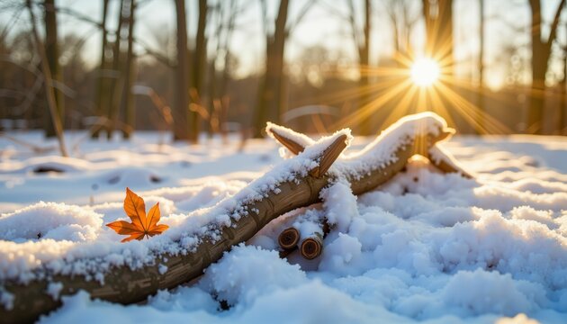 Frozen tree branch with autumn leaf in snowy forest, winter serenity