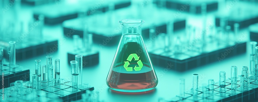 Aufkleber recycling carbon process efficiency concept. a glowing laboratory scene featuring a flask with a rec